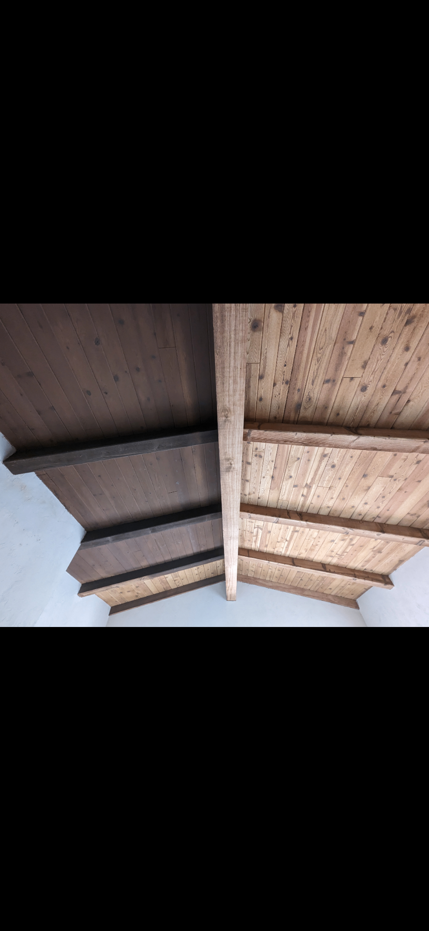 Restored wood ceiling after abrasive blasting